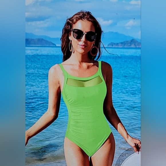 NWT GLAMOUR MESH PEEK A BOO RUCHED SLIMMING SWIM BATHING SUIT NEON GREEN XL - Picture 2 of 14